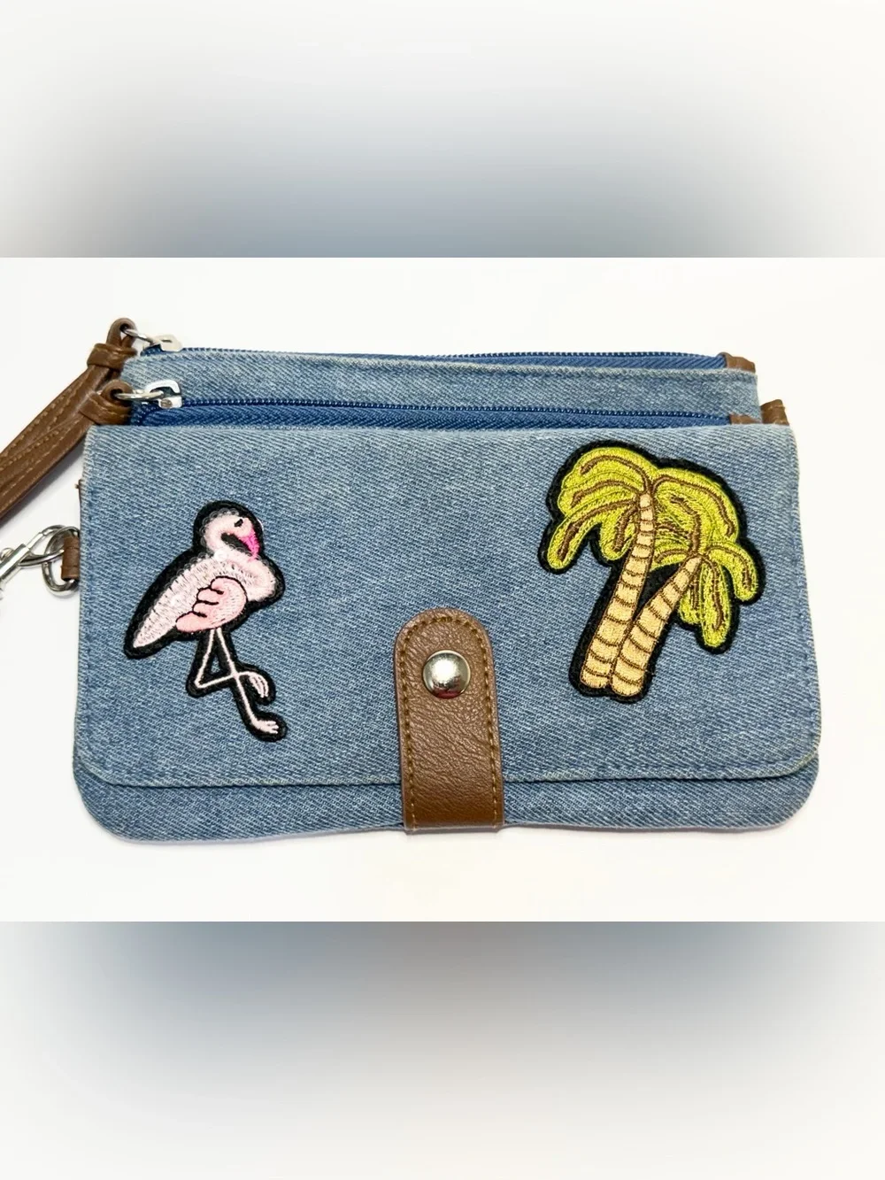 Denim Wristlet Wallet with Flamingo & Palm Patch